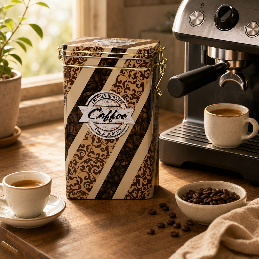 Dóza na kávu Freshly Roasted Coffee 500 g, hranatá s uzávěrem