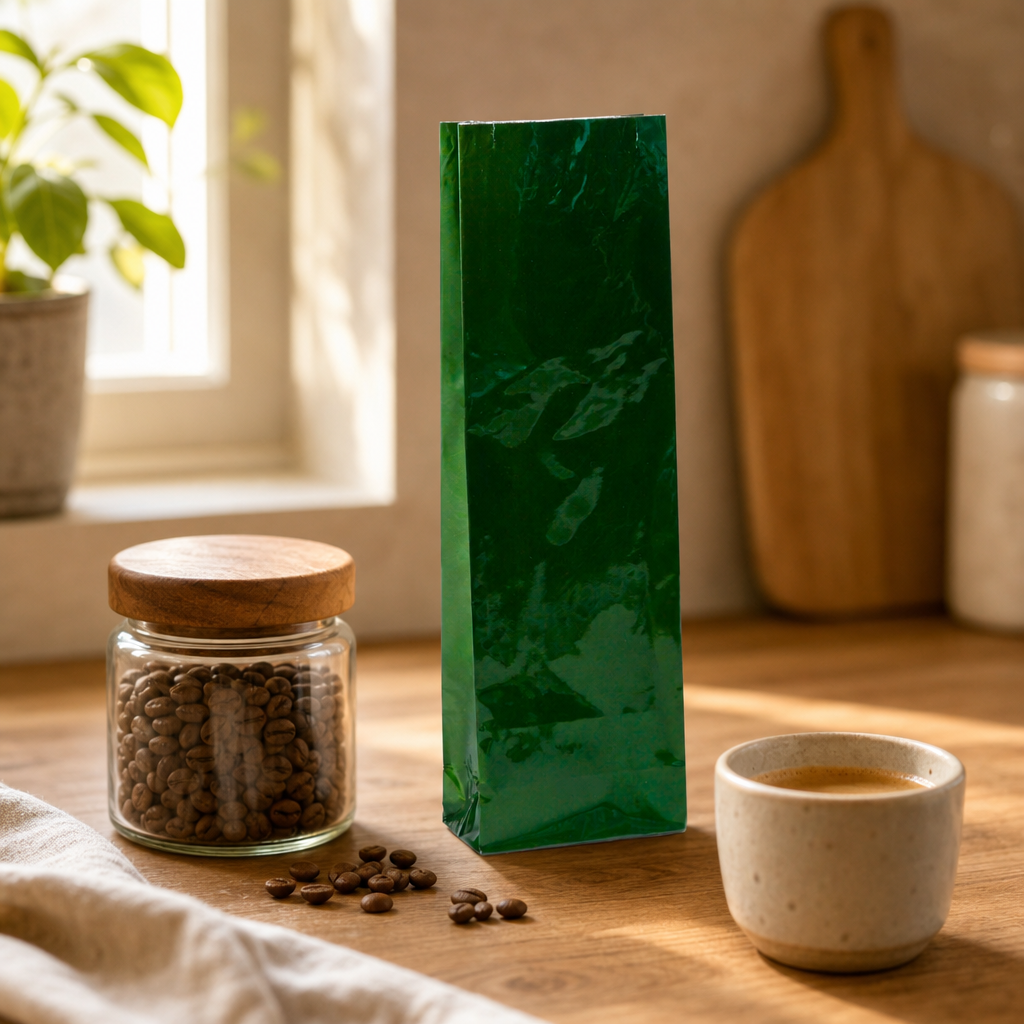 Sáček zelený na kávu 500g – třívrstvý, skládané dno