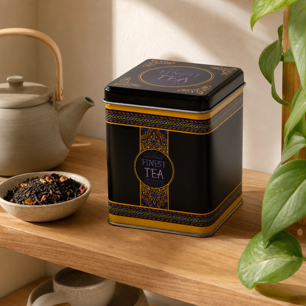 Dóza Finest Tea 100 g – tmavá hranatá čajová dóza