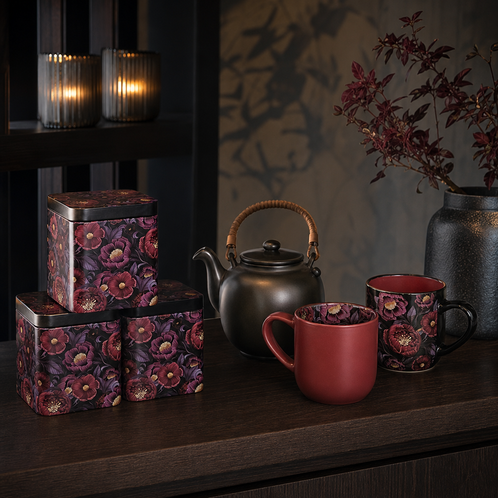 Dóza Mystic Flower 100 g – hranatá, černá s květy