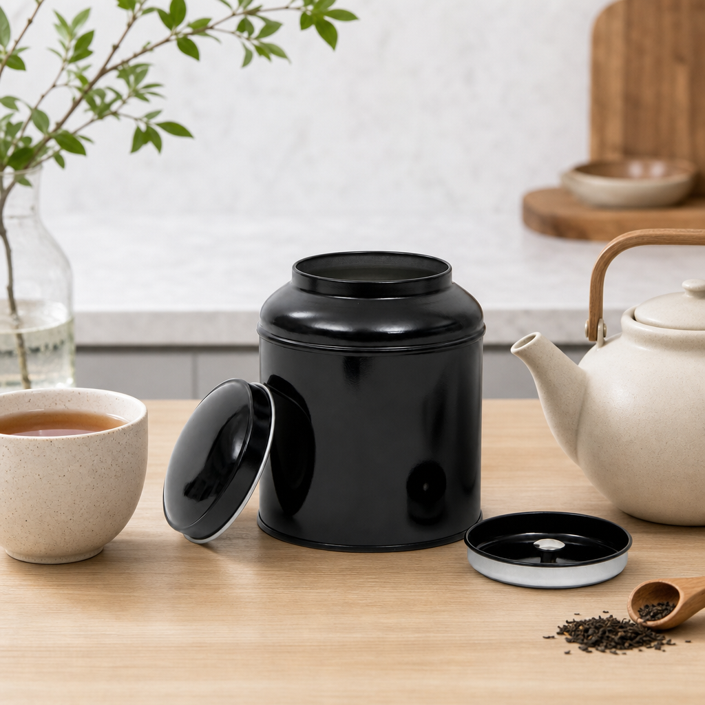 Dóza na čaj Black 250 g – kulatá, s vnitřním víčkem