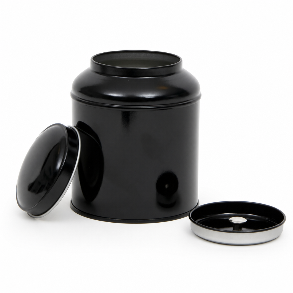 Dóza na čaj Black 250 g – kulatá, s vnitřním víčkem