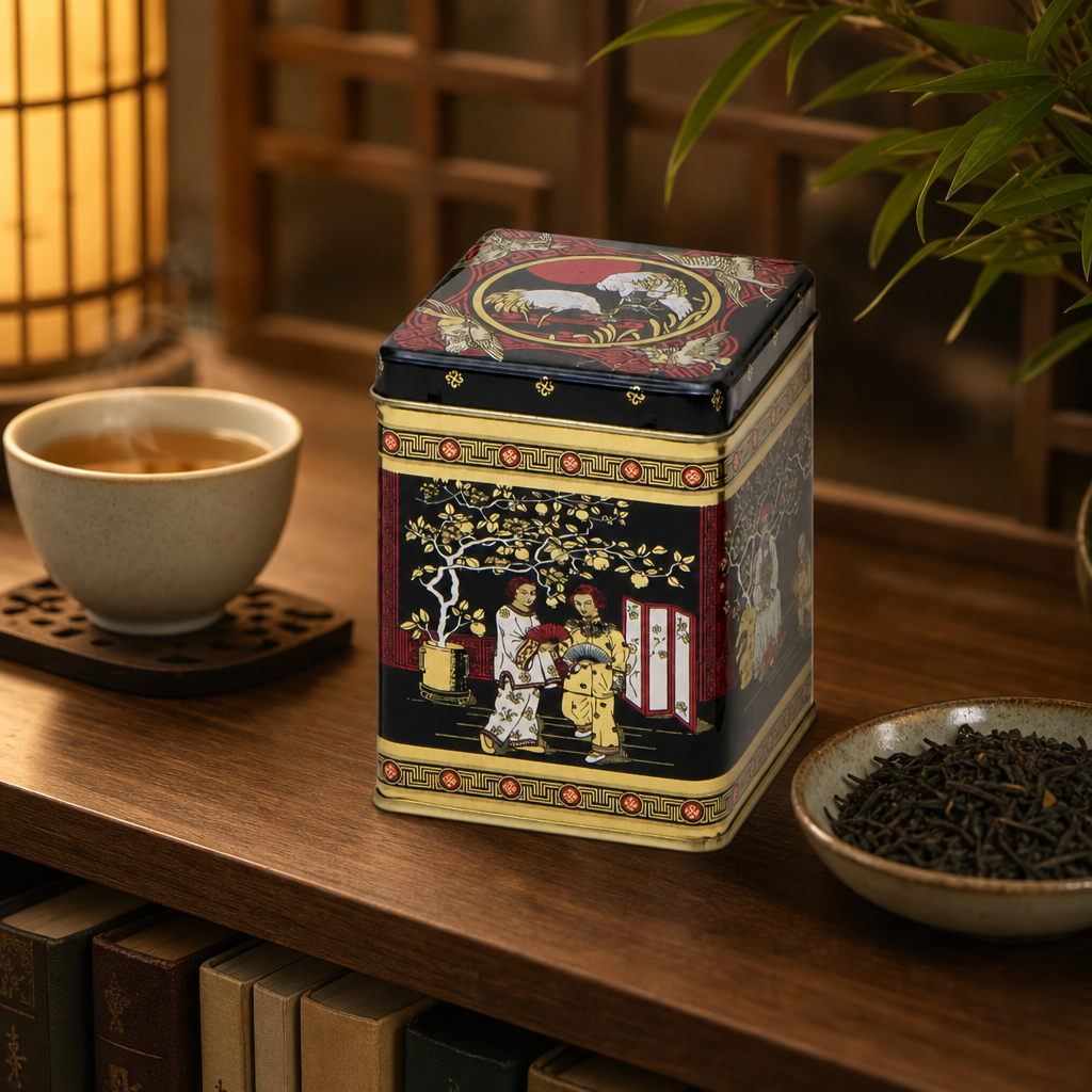 Dóza na čaj Black Jap 100 g – hranatá, černý orientální motiv