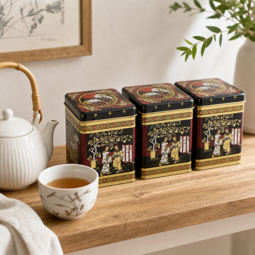 Dóza na čaj Black Jap 200 g – hranatá, orientální motiv
