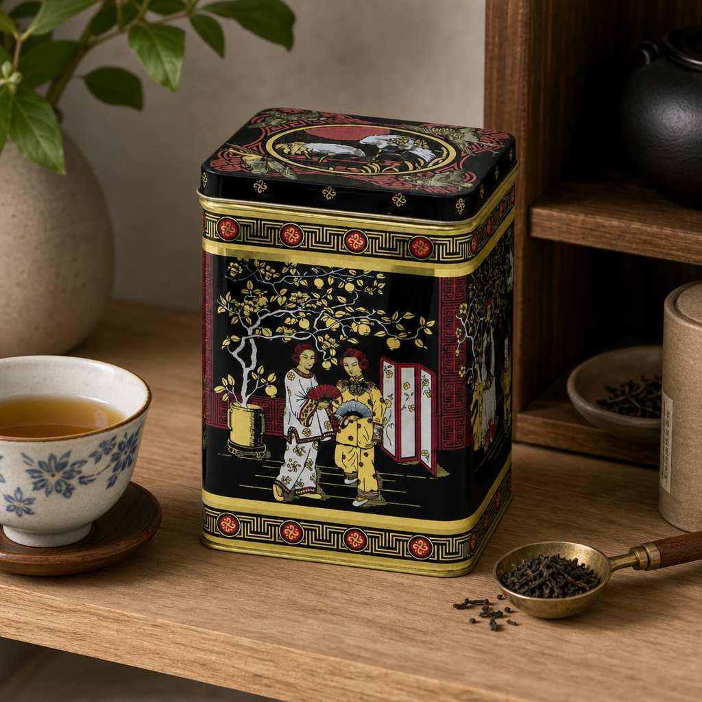 Dóza na čaj Black Jap 500 g – hranatá, orientální motiv