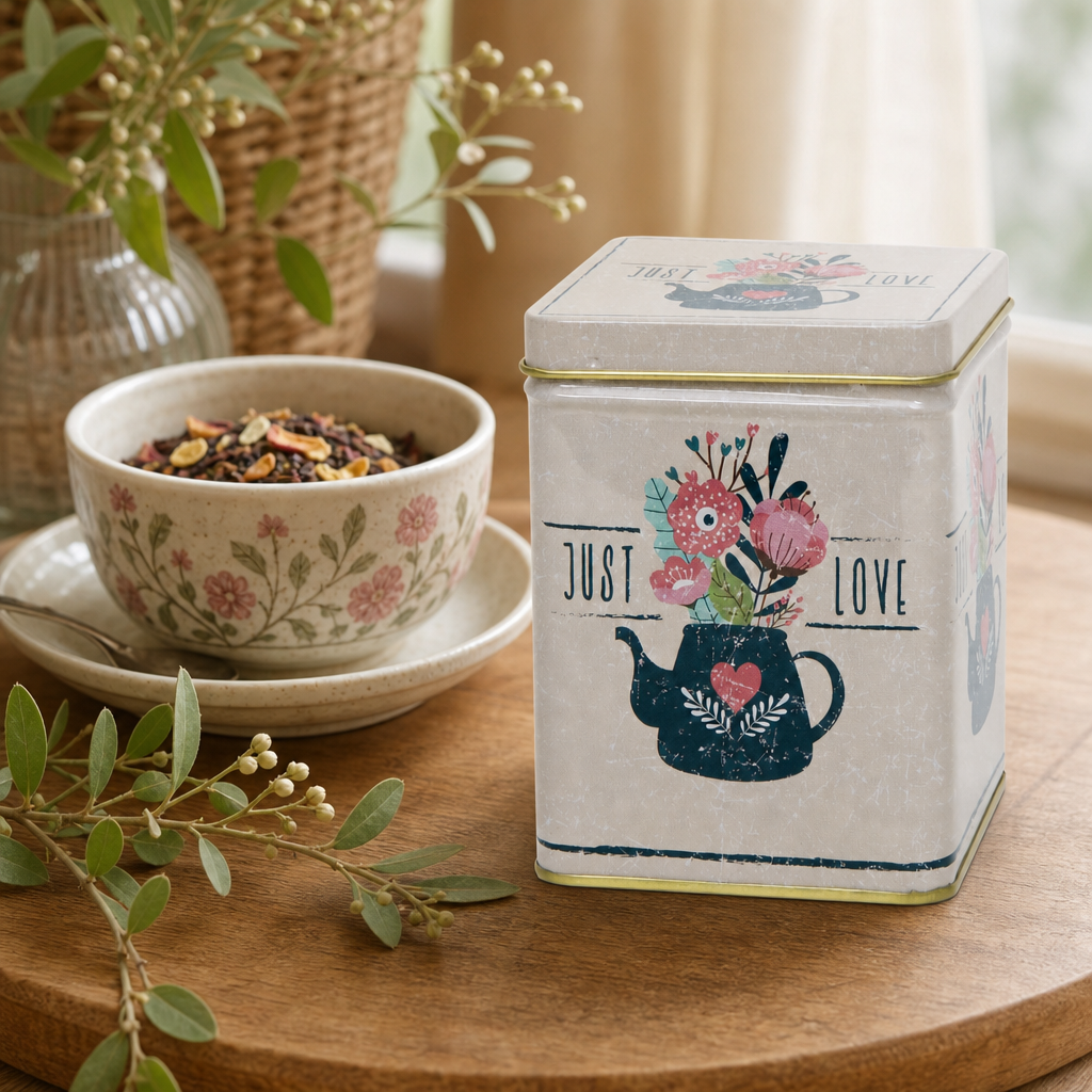 Dóza na čaj Just Love 100 g – hranatá romantická dóza