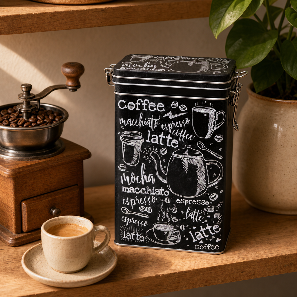 Dóza na kávu Macchiato 500 g – hranatá, plechová