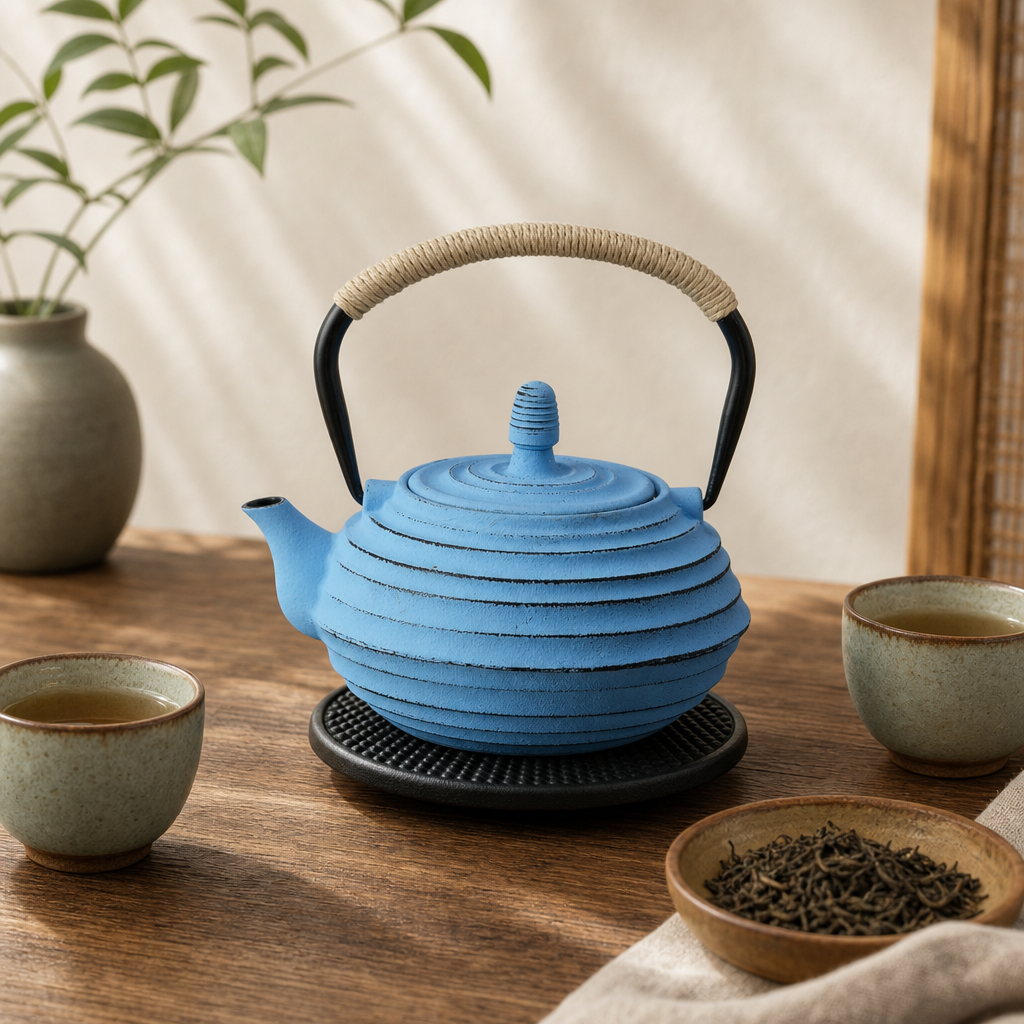 Japonská litinová konvice Ainu modrá 700 ml s podložkou