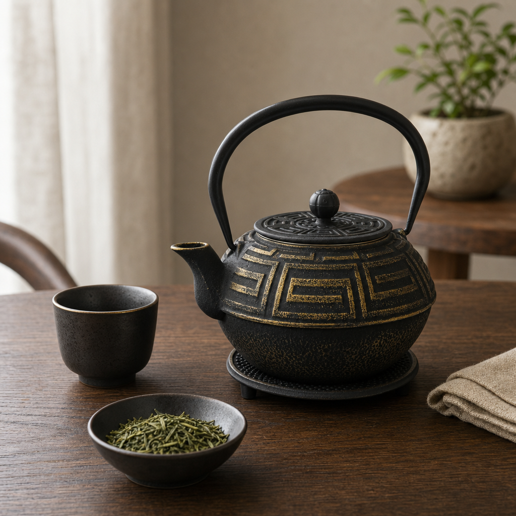 Japonská litinová konvice Sendai černo‑zlatá 1200 ml s podložkou