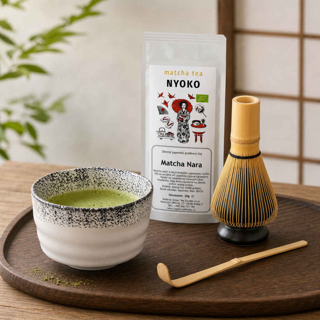 Matcha set Čikako s čajem Matcha Nara (misa, chasen, chashaku, stojánek)