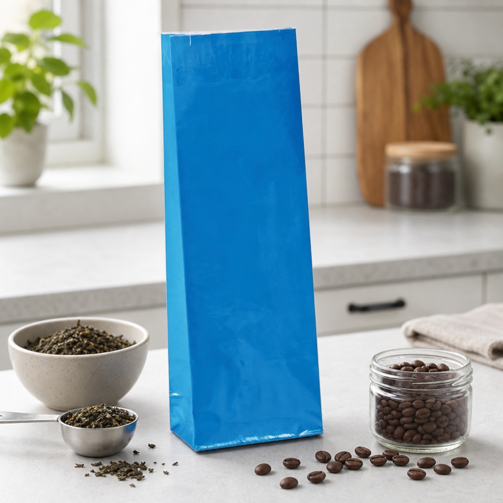 Sáček světle modrý 50–100 g (třívrstvý, skládané dno)