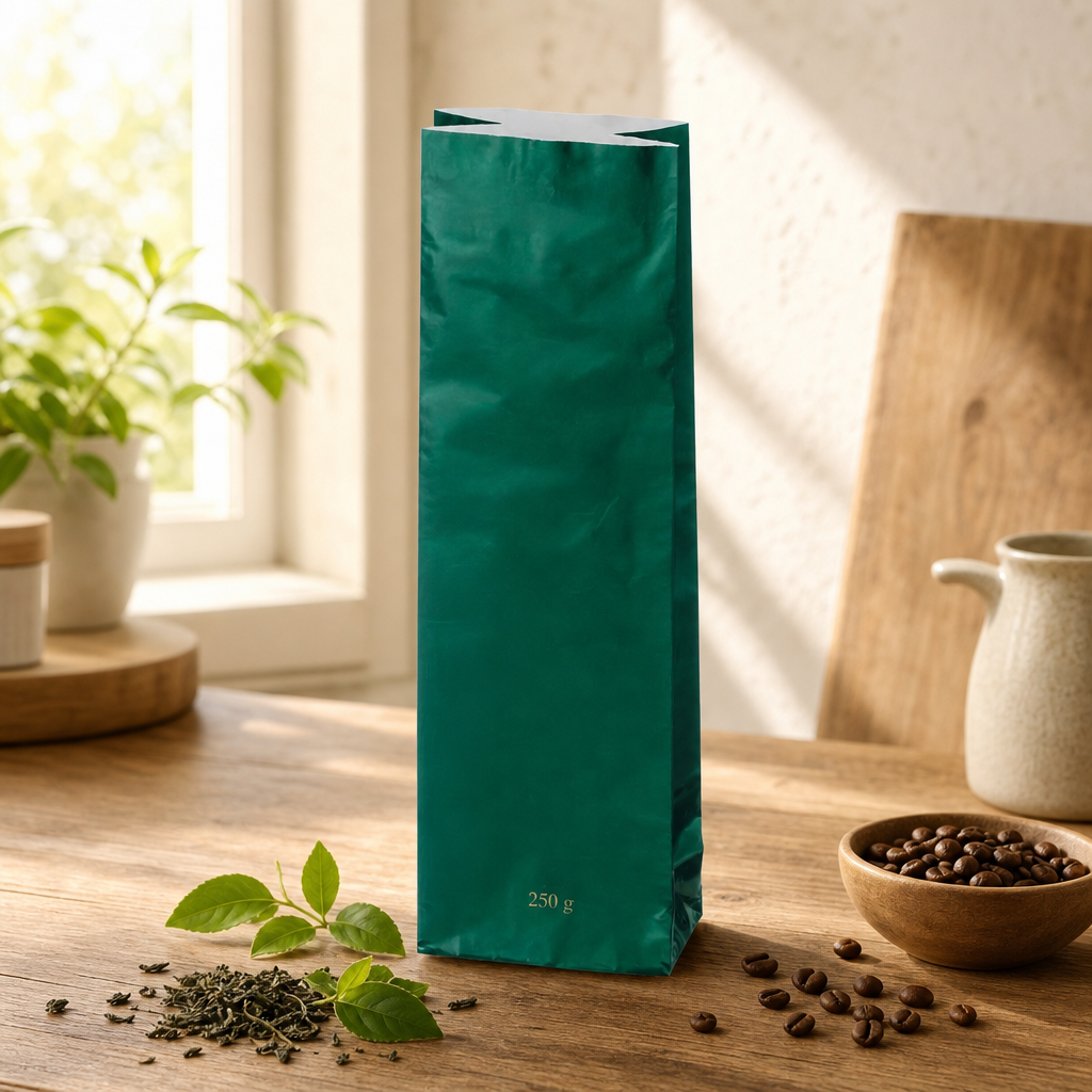 Sáček zelený 200–250 g (třívrstvý, skládané dno)