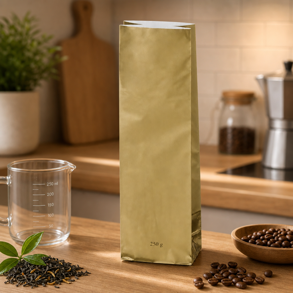 Sáček zlatý 200–250 g (třívrstvý, skládané dno)