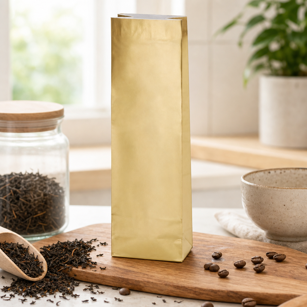 Sáček zlatý 50–100 g (třívrstvý, skládané dno)