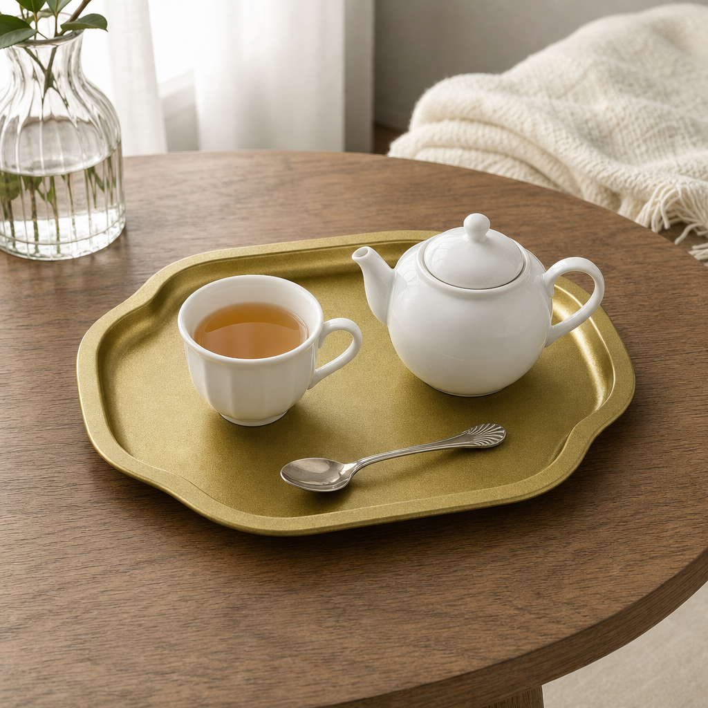 Servírovací tác – zlatý 155 × 190 mm (pocínovaný plech)