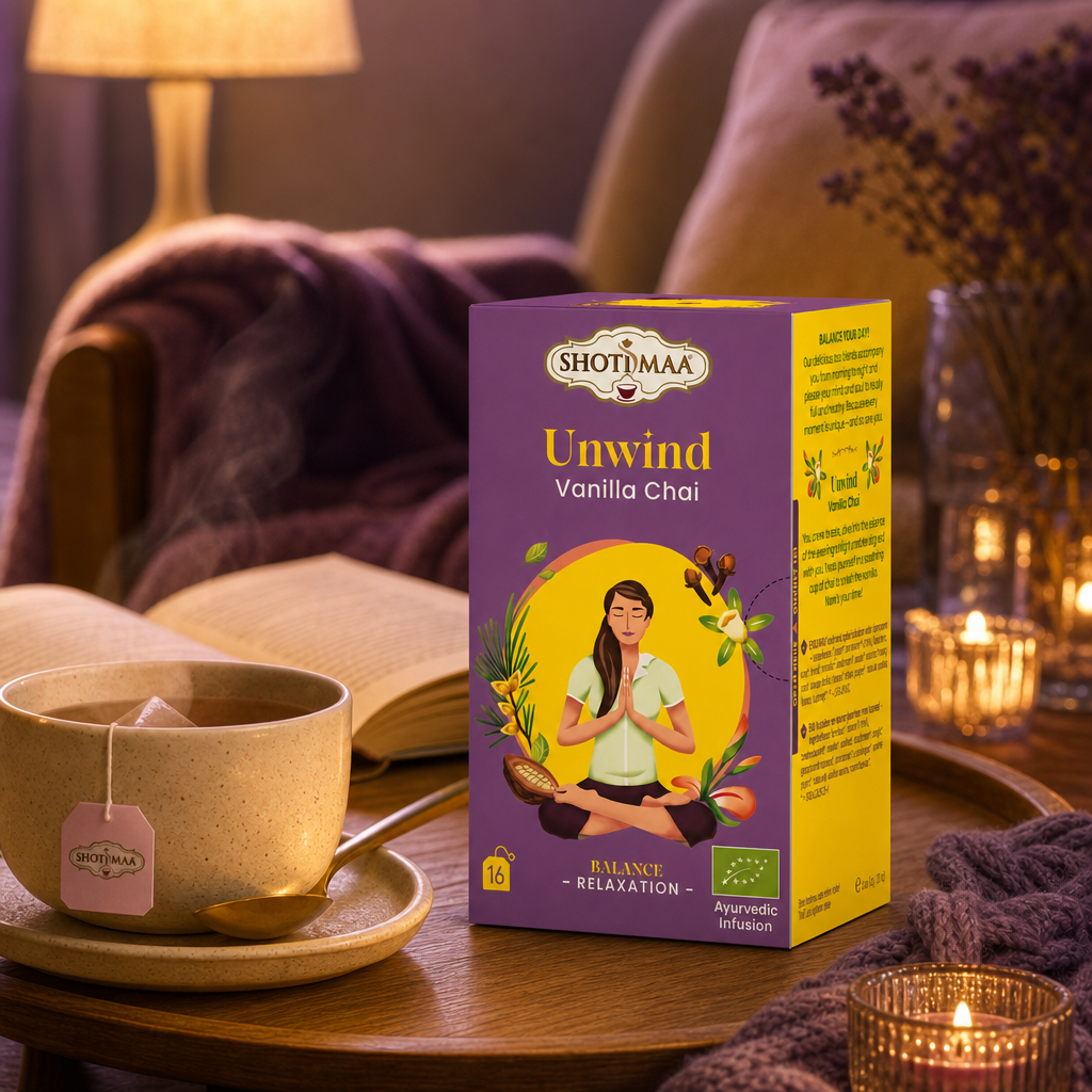 Shoti Maa Unwind – bio vanilkový chai v sáčcích (16 ks)