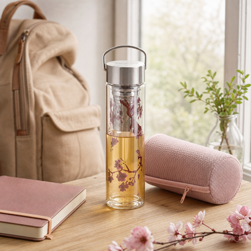 Skleněná termoska Flowtea Cherry Blossom 350 ml
