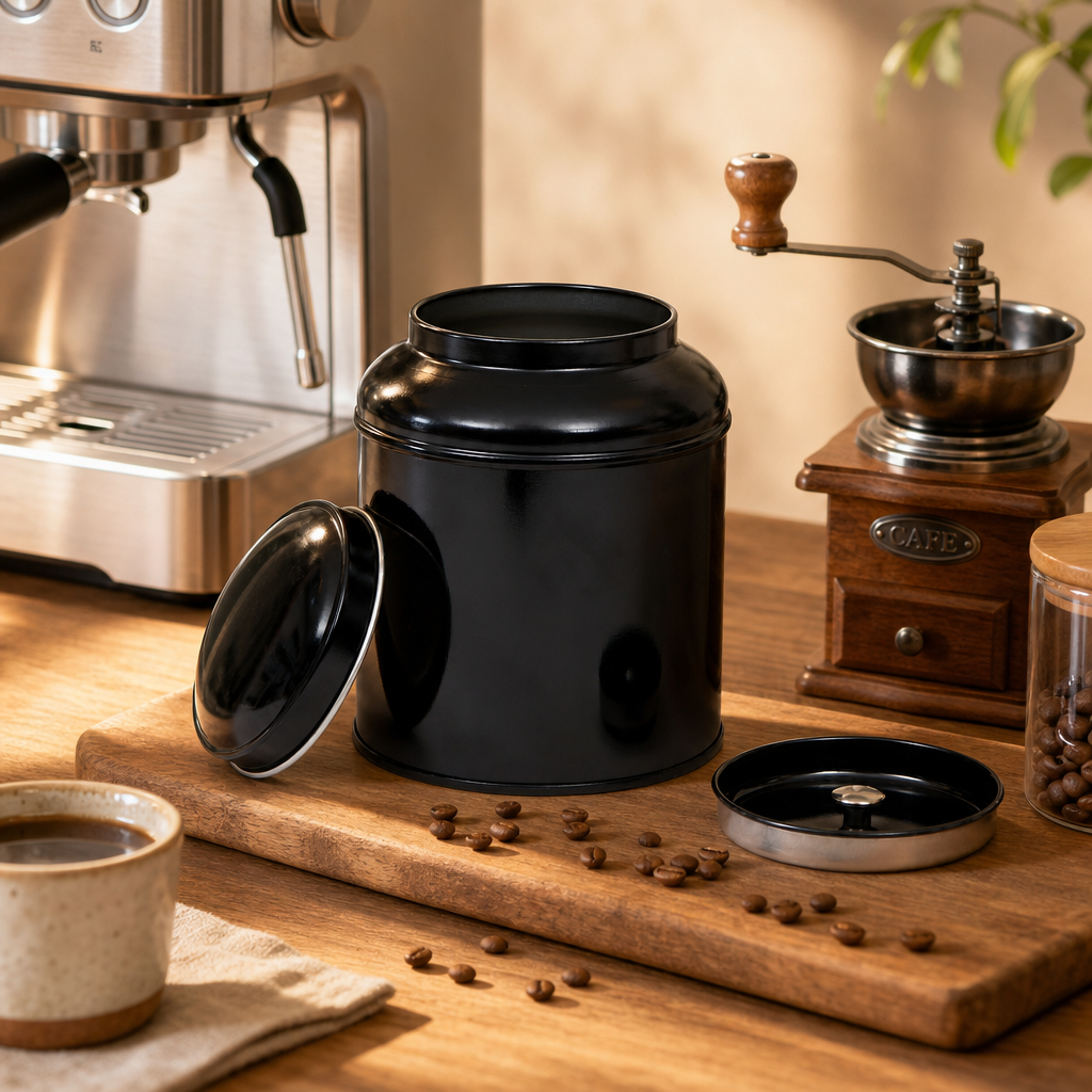 Dóza na kávu Black 250 g – kulatá s dvojitým víčkem