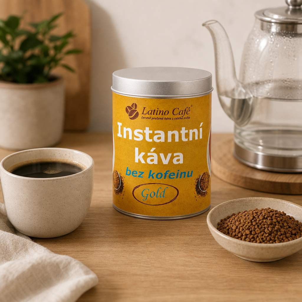 Latino Café Instant Gold bez kofeinu v kovové dóze 100 g ℮