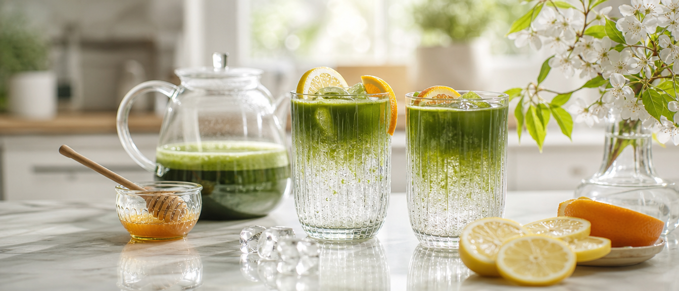 Svěží jarní matcha tonic s citrusy a medem