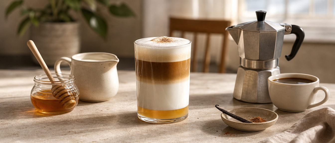 Melange latte s medem: voňavý, vrstvený kávový dezert