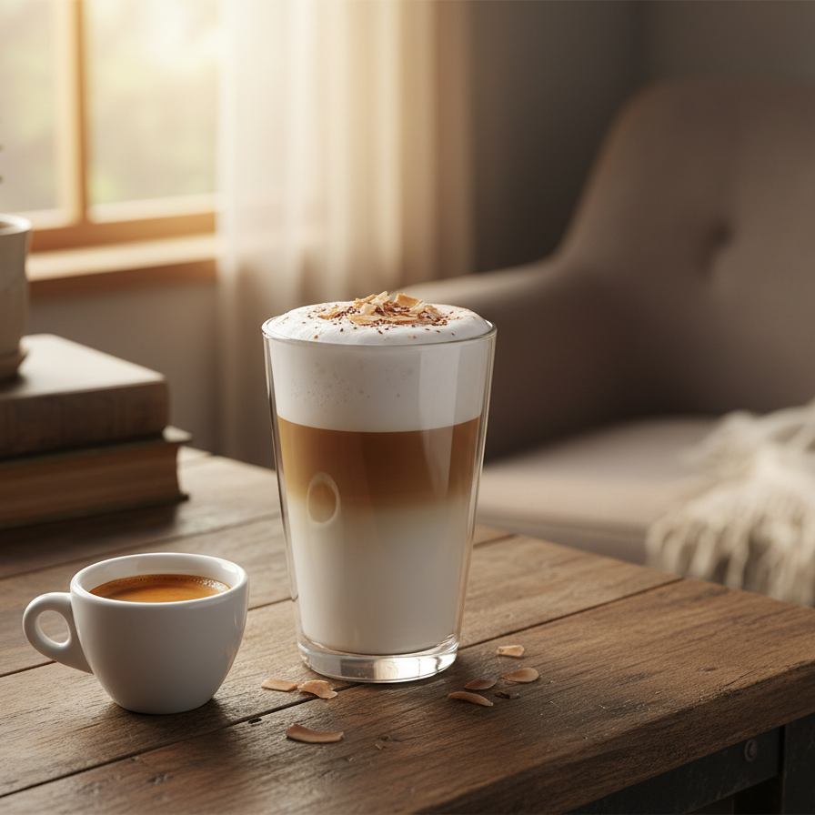 Kokosovo‑kakaové latte: jednoduchý dezertní kávový šálek